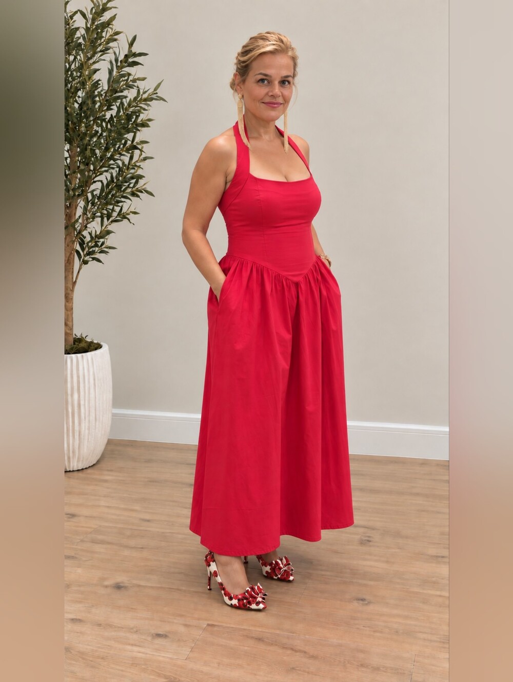 Strap Halter Red Asymmetrical Midi Dress with Pockets